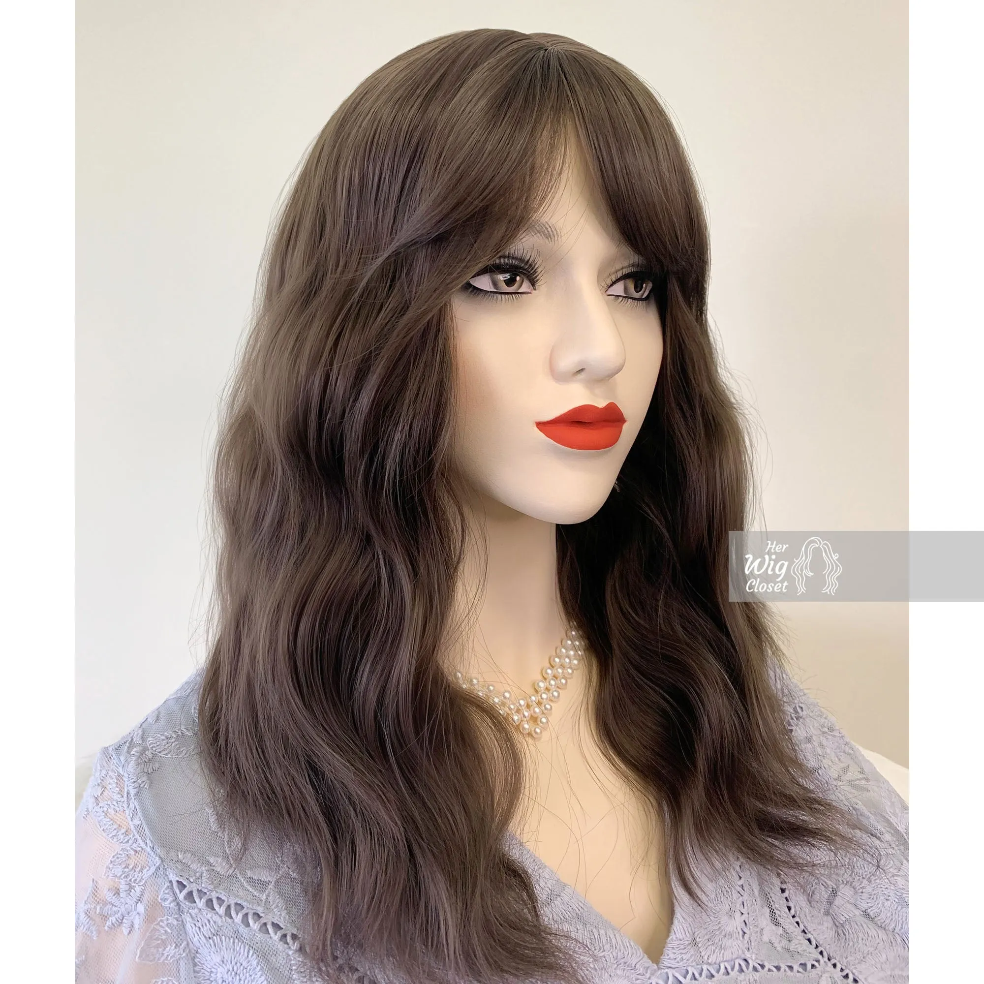 Ash Brown Wavy Synthetic Wig with Bangs Gabriella