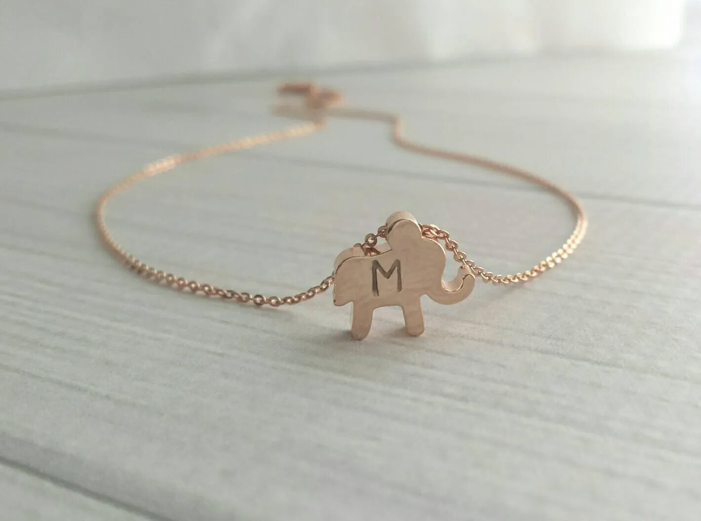 Baby Elephant Necklace - personalized letter stamped little pendant in rose gold - initial alphabet engrave special gift - pink small charm
