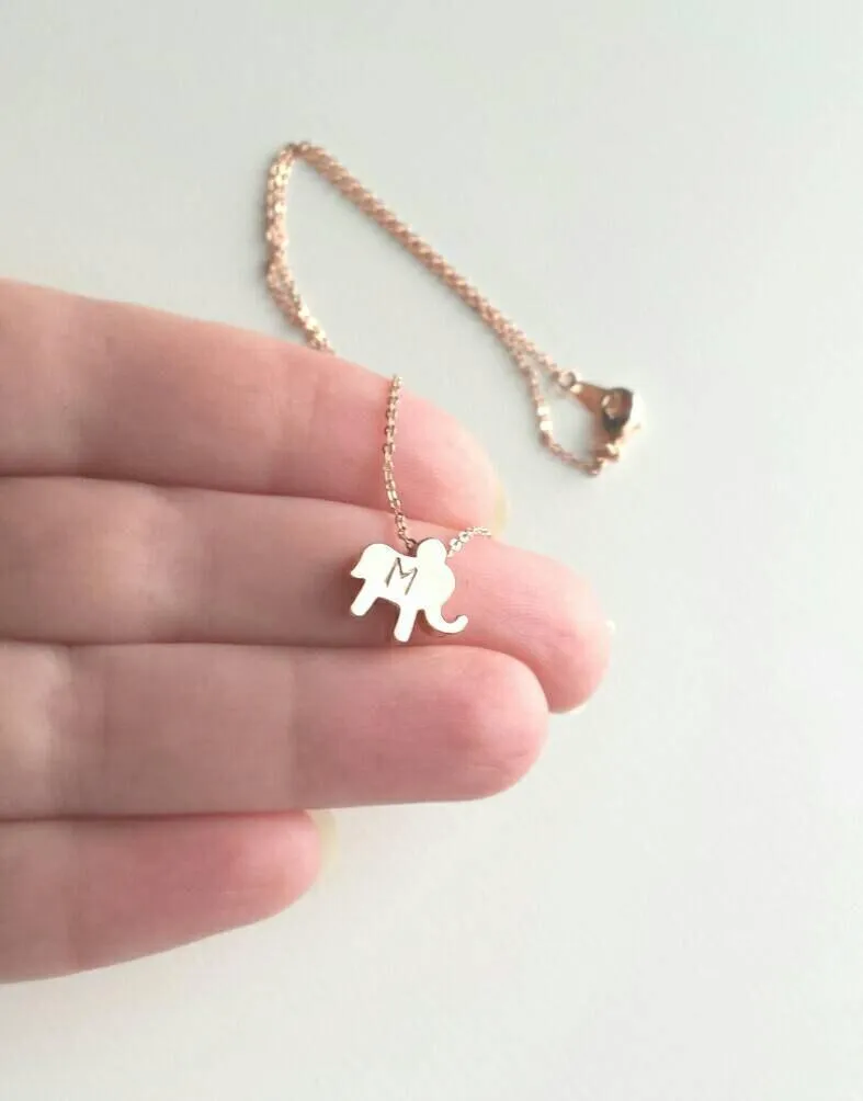 Baby Elephant Necklace - personalized letter stamped little pendant in rose gold - initial alphabet engrave special gift - pink small charm
