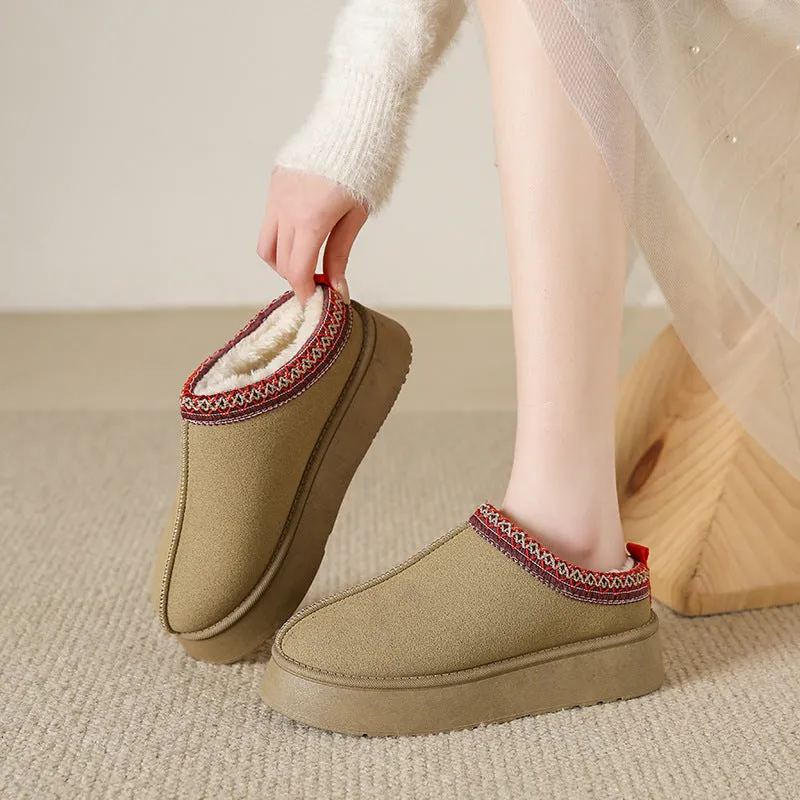 Baotou Plush Half Slippers Home Snow Boots, Women's Fleece Warm Thick Bottom Cotton Shoes Ankle Flats