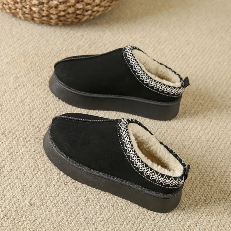 Baotou Plush Half Slippers Home Snow Boots, Women's Fleece Warm Thick Bottom Cotton Shoes Ankle Flats