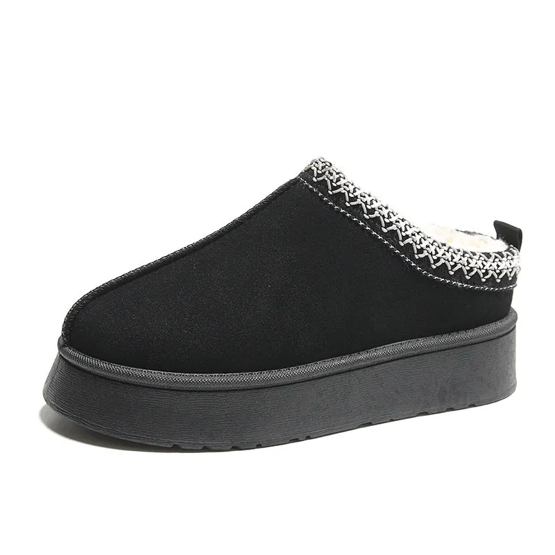 Baotou Plush Half Slippers Home Snow Boots, Women's Fleece Warm Thick Bottom Cotton Shoes Ankle Flats