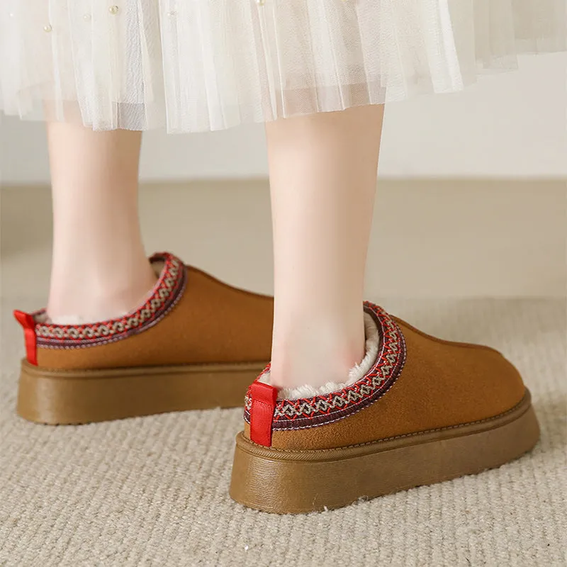Baotou Plush Half Slippers Home Snow Boots, Women's Fleece Warm Thick Bottom Cotton Shoes Ankle Flats