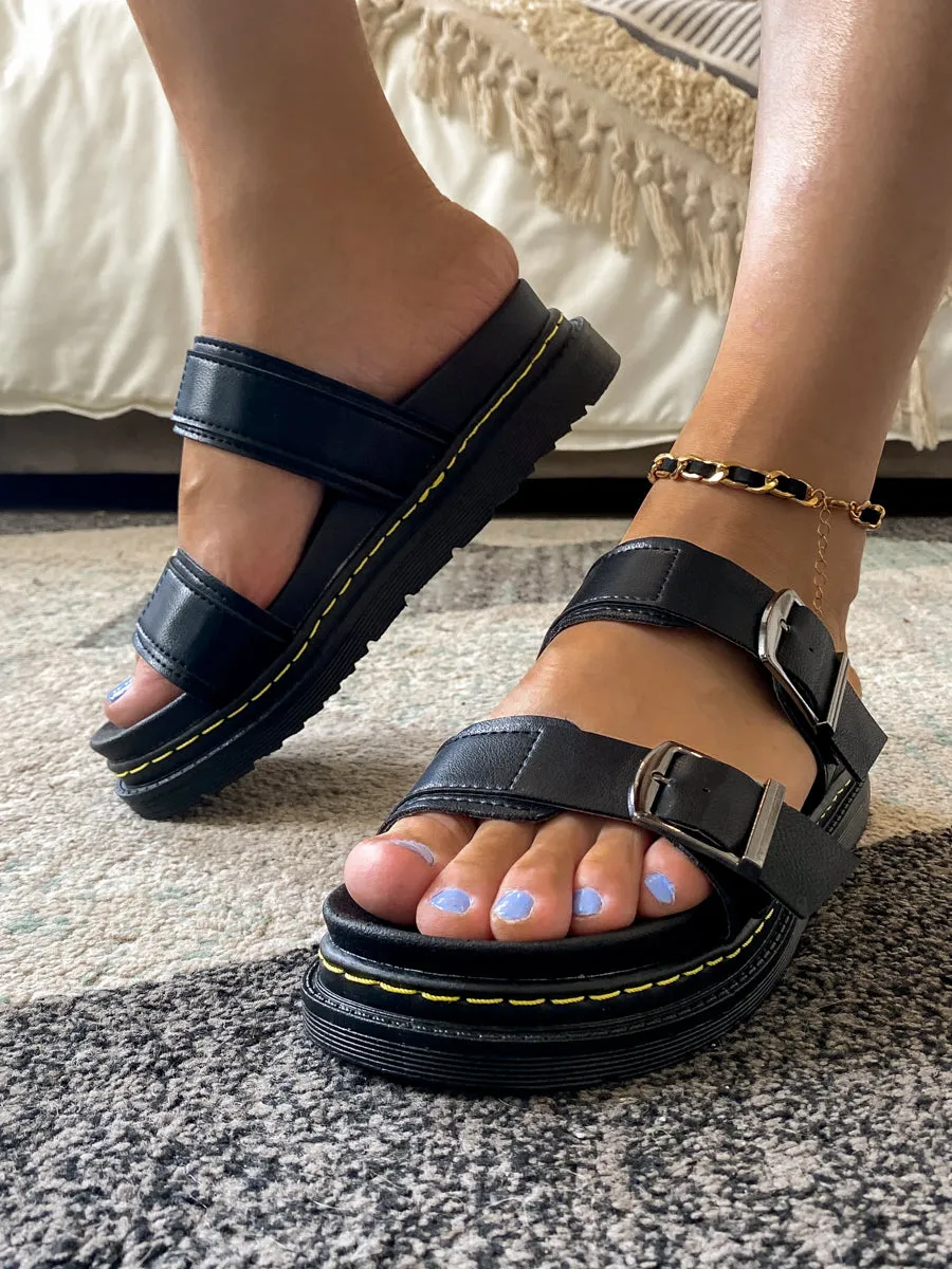 Black Double-Strap Buckled Sip On Slides Flat Sandals