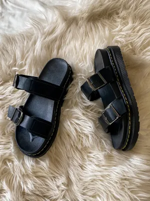 Black Double-Strap Buckled Sip On Slides Flat Sandals