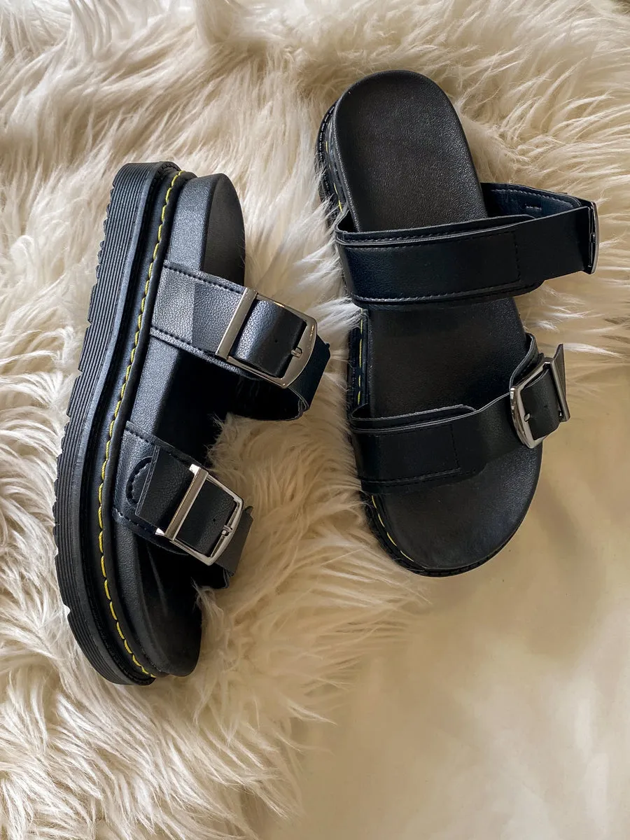 Black Double-Strap Buckled Sip On Slides Flat Sandals