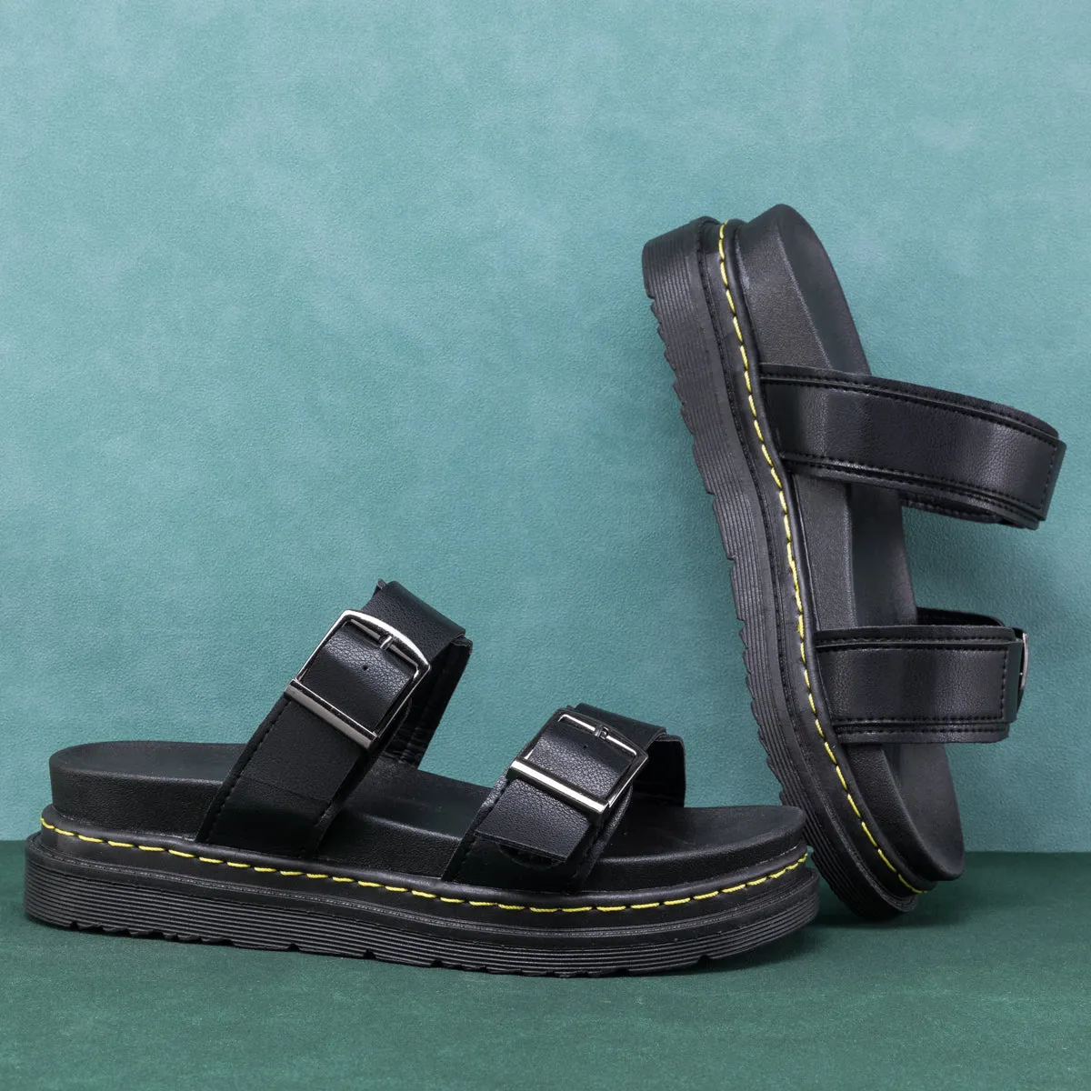 Black Double-Strap Buckled Sip On Slides Flat Sandals