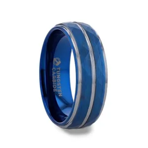Blue Ion Plated Tungsten Carbide Men's Ring Faceted Center Stepped Edges - 8mm