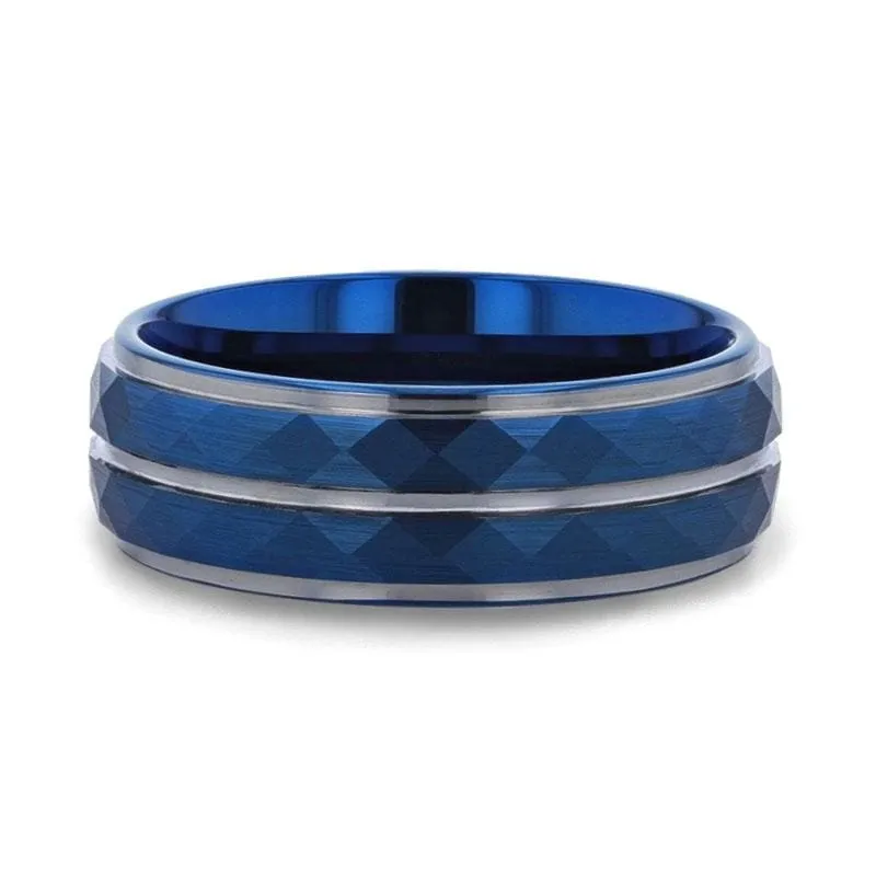 Blue Ion Plated Tungsten Carbide Men's Ring Faceted Center Stepped Edges - 8mm