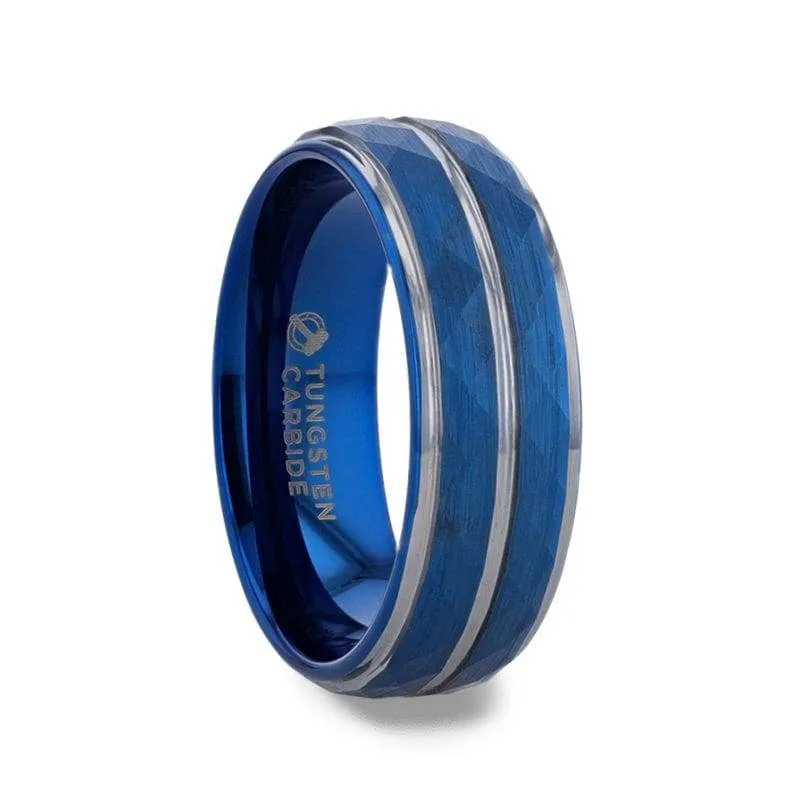 Blue Ion Plated Tungsten Carbide Men's Ring Faceted Center Stepped Edges - 8mm