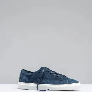 Blue Italian Suede Leather Low Top Lace Up Sneakers with White Sole - Sneaker Shoes