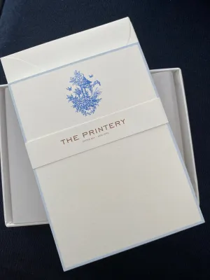 BOXED NOTE CARDS - THE PRINTERY - BLUE TOILLE ENGRAVED BLUE BIRD HOUSE AND BIRDS ENGRAVED: WHITE TISSUE LINER