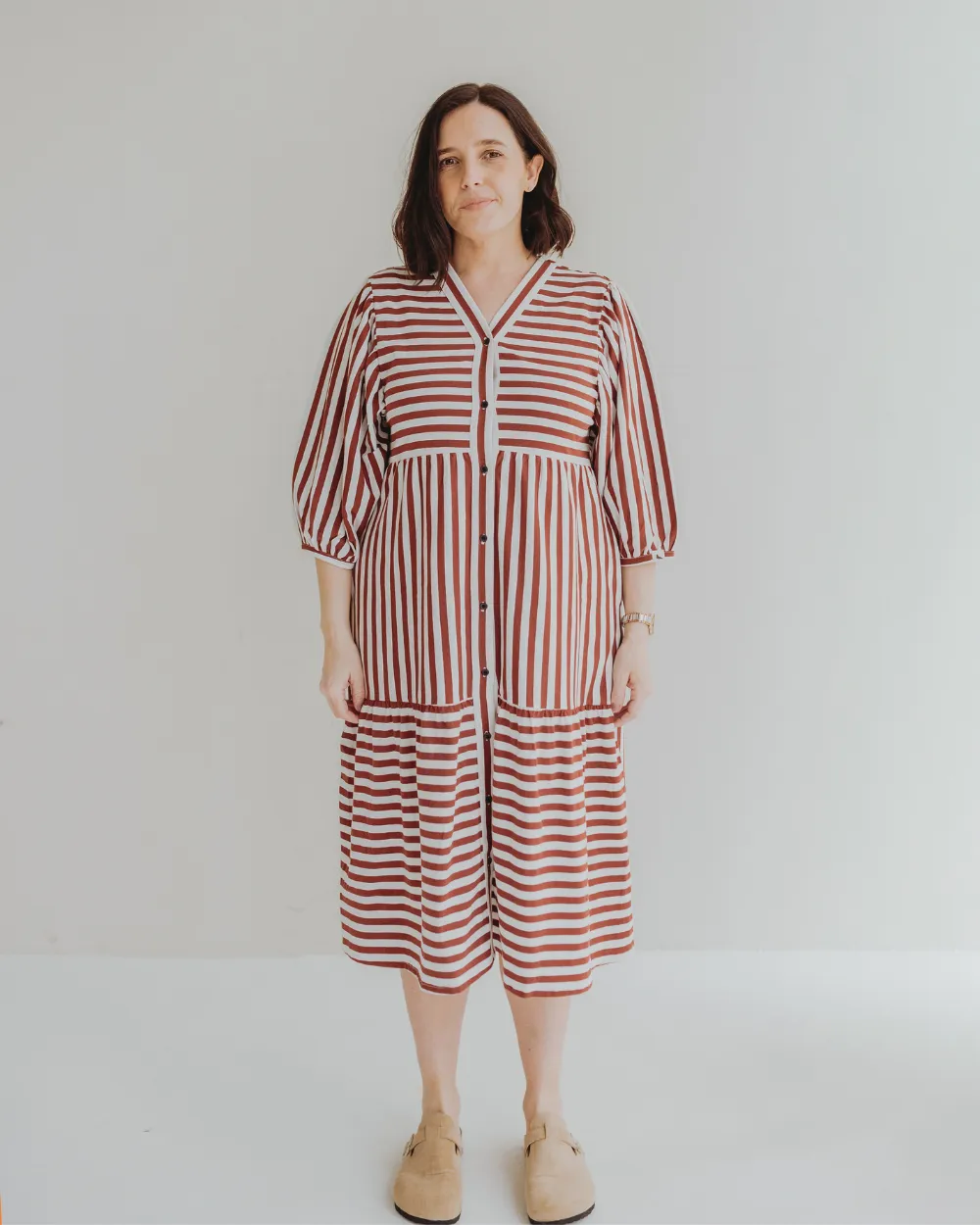Clara Red Horizontal Stripe Print Midi Dress