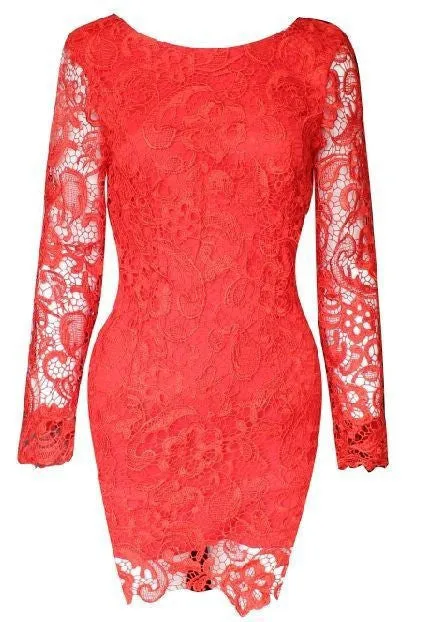 Fashion Solid Color Hollow Out Women Backless Dress Long Sleeve Plus Size Lace Short Dress