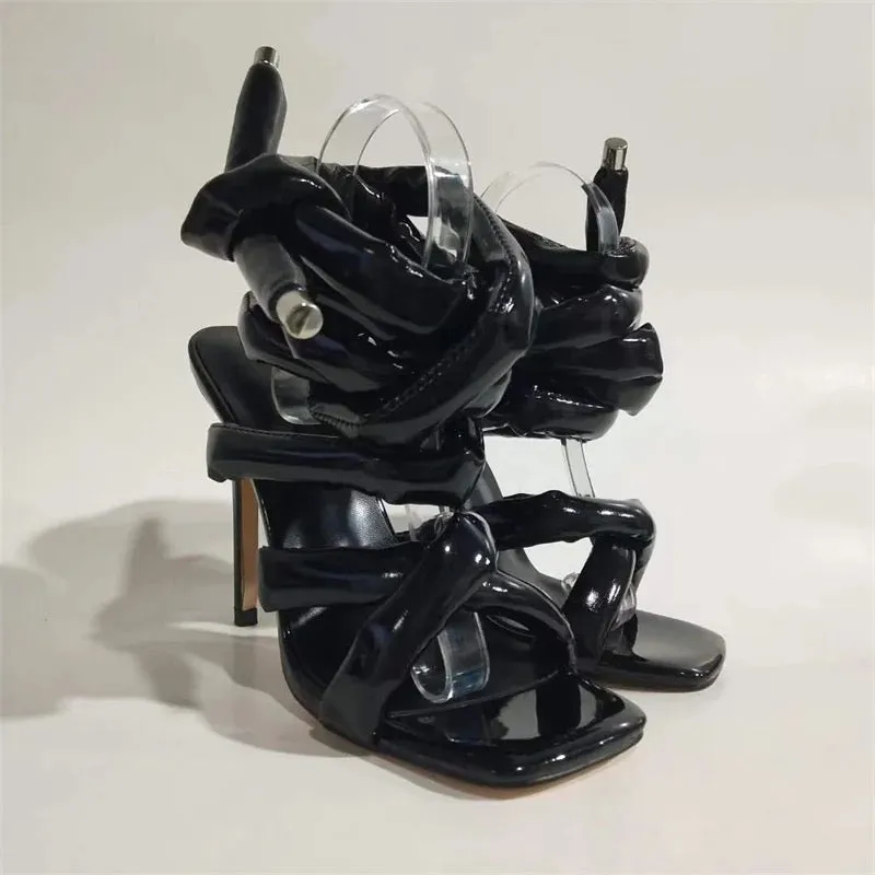 Faux Leather Thick Strap Lace Up Heels