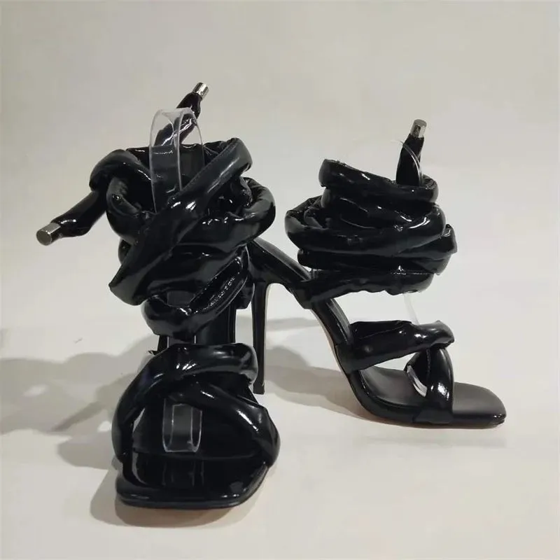 Faux Leather Thick Strap Lace Up Heels