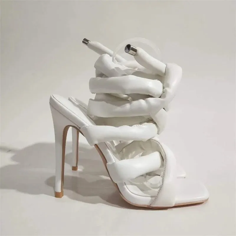 Faux Leather Thick Strap Lace Up Heels