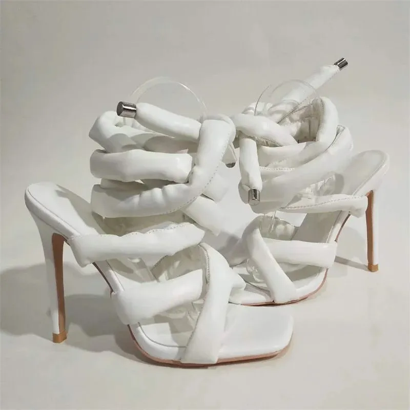 Faux Leather Thick Strap Lace Up Heels