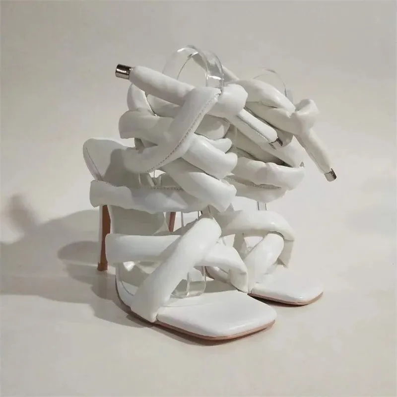Faux Leather Thick Strap Lace Up Heels