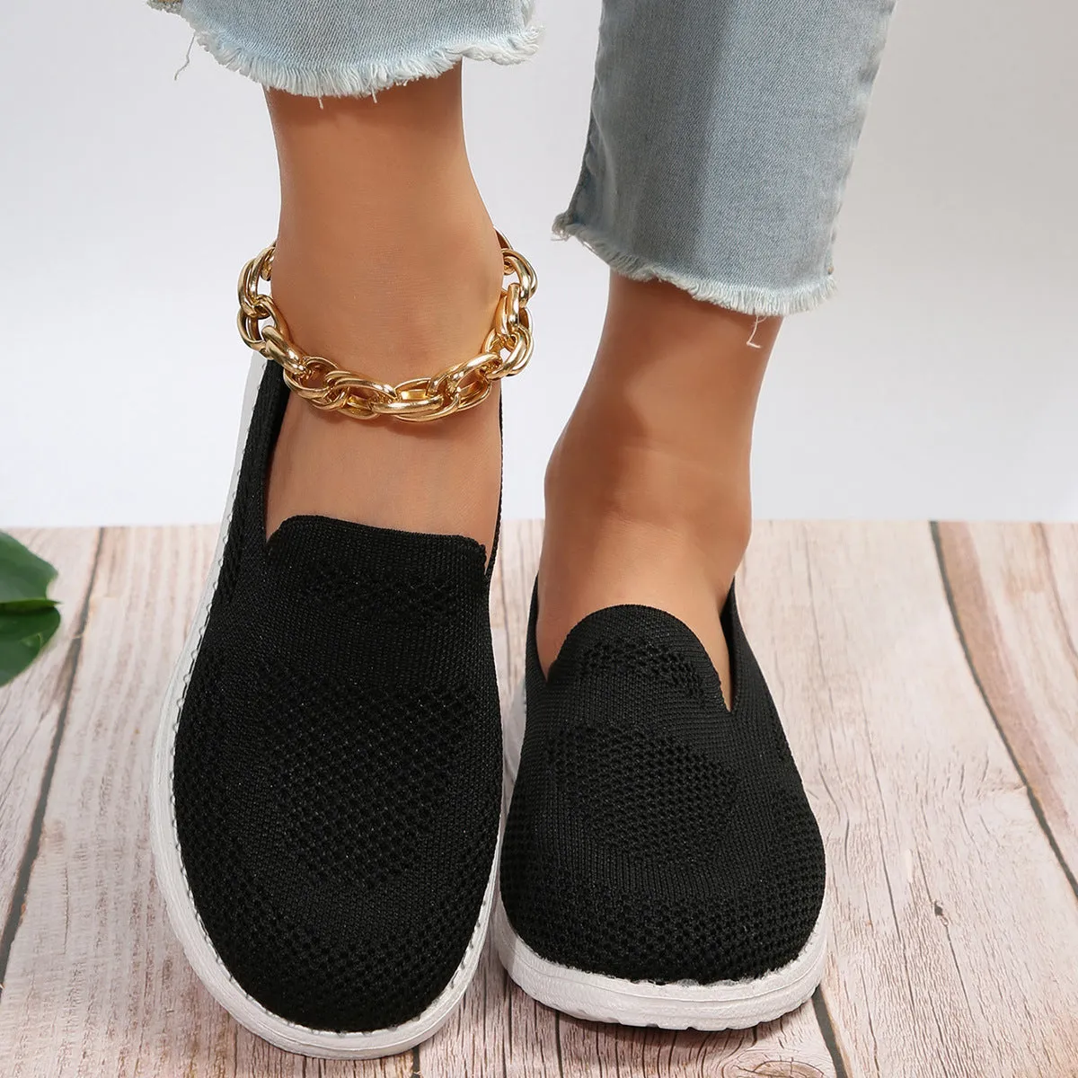 Flyknit Breathable Low Top Pumps Female Plus Size Solid Color Sneakers