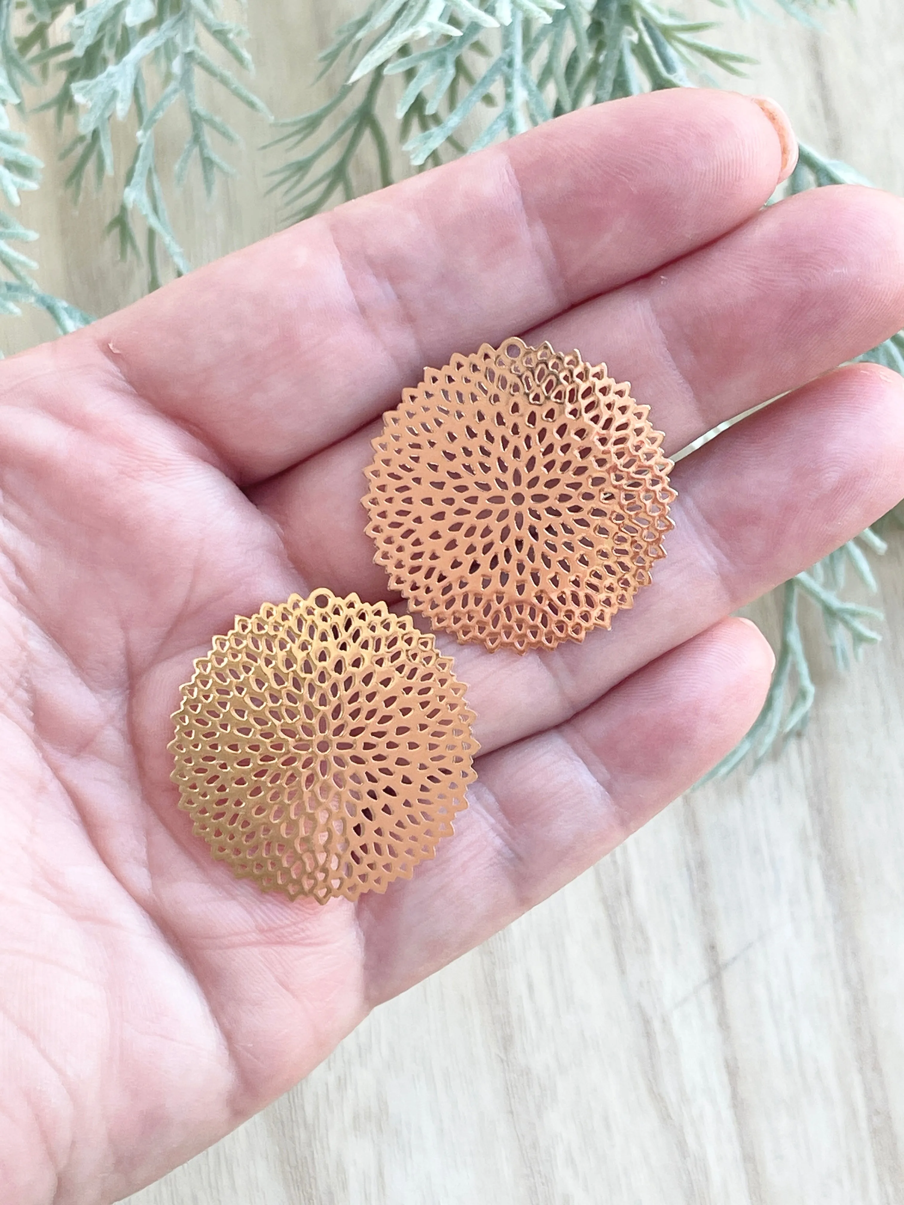 Gold plated round filigree charms x 6