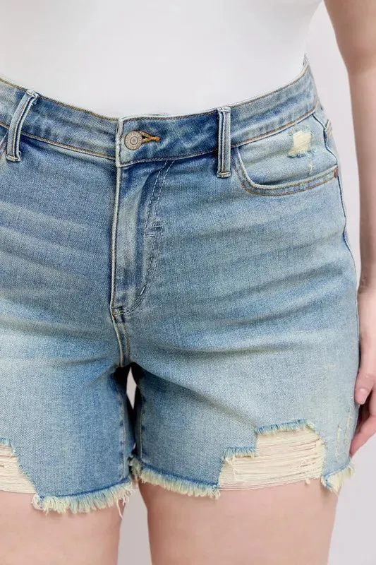 Judy Blue High Rise Washed Fly Stitch Detail and Destroy Denim Shorts