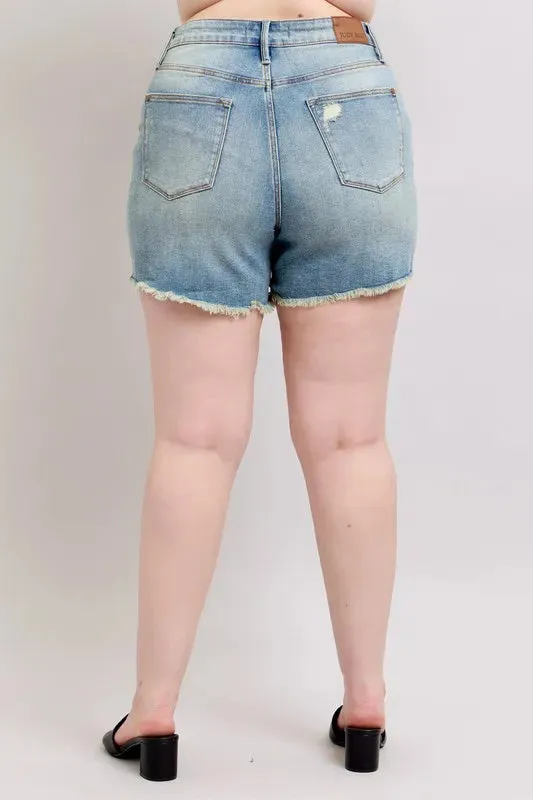 Judy Blue High Rise Washed Fly Stitch Detail and Destroy Denim Shorts