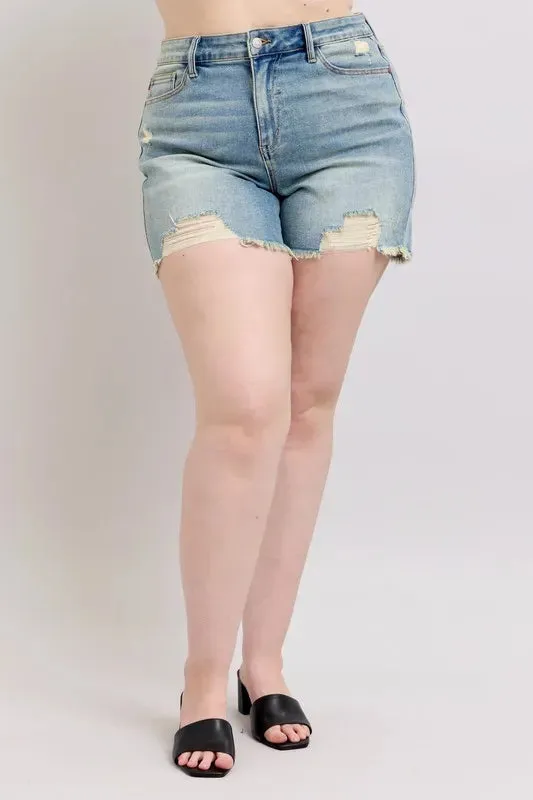 Judy Blue High Rise Washed Fly Stitch Detail and Destroy Denim Shorts