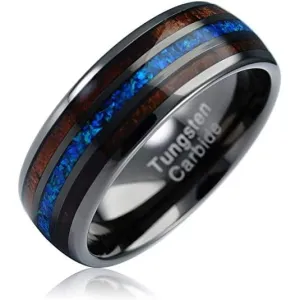 Lamar Men's Koa Wood Blue Opal Inlaid Wedding Band Black Tungsten Ring - 8mm