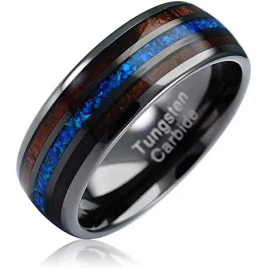 Lamar Men's Koa Wood Blue Opal Inlaid Wedding Band Black Tungsten Ring - 8mm