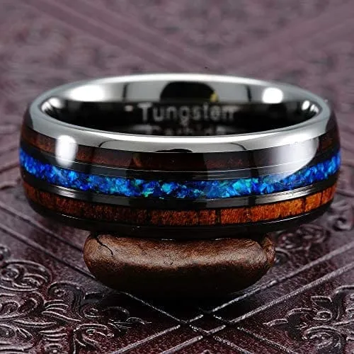 Lamar Men's Koa Wood Blue Opal Inlaid Wedding Band Black Tungsten Ring - 8mm