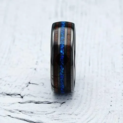 Lamar Men's Koa Wood Blue Opal Inlaid Wedding Band Black Tungsten Ring - 8mm
