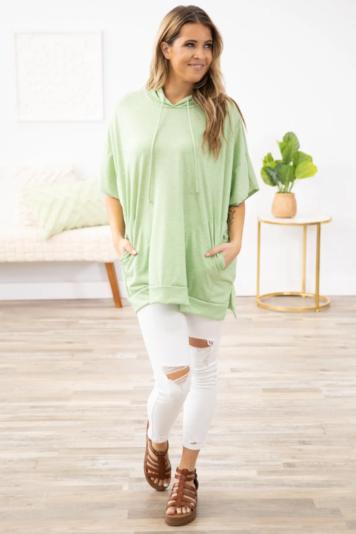 Mint Drop Shoulder Hooded Top with Slide Slit