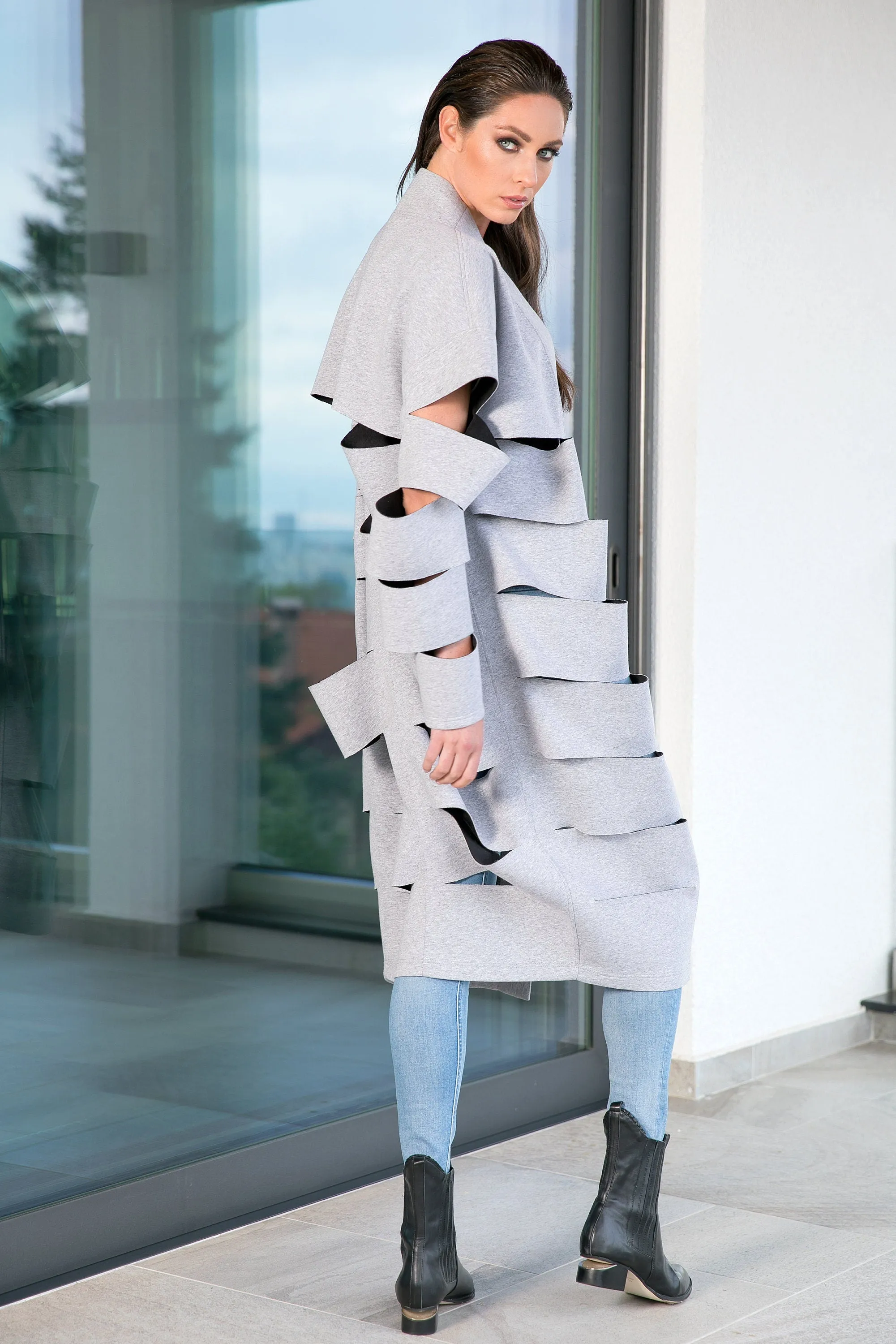 Neoprene Coat, Grey Futuristic Jacket, Plus Size Clothing, Cyberpunk Jacket, Extravagant Overcoat, Cardigan Jacket, Cutout Jacket, Grunge