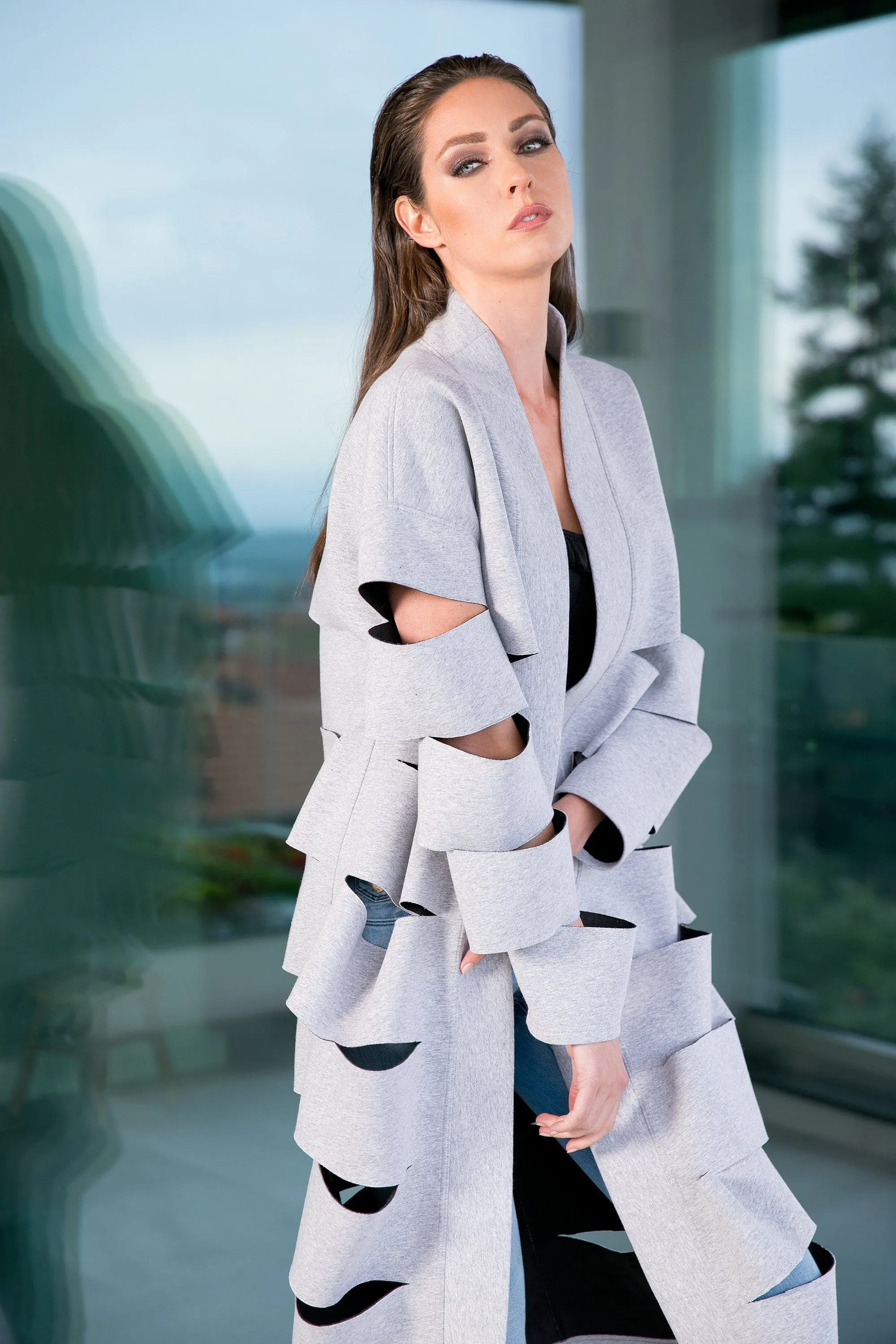 Neoprene Coat, Grey Futuristic Jacket, Plus Size Clothing, Cyberpunk Jacket, Extravagant Overcoat, Cardigan Jacket, Cutout Jacket, Grunge