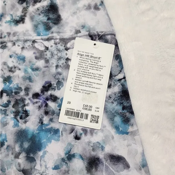 NWT Align Lululemon HR Short 8&quot; size 20 White with colored flowers.