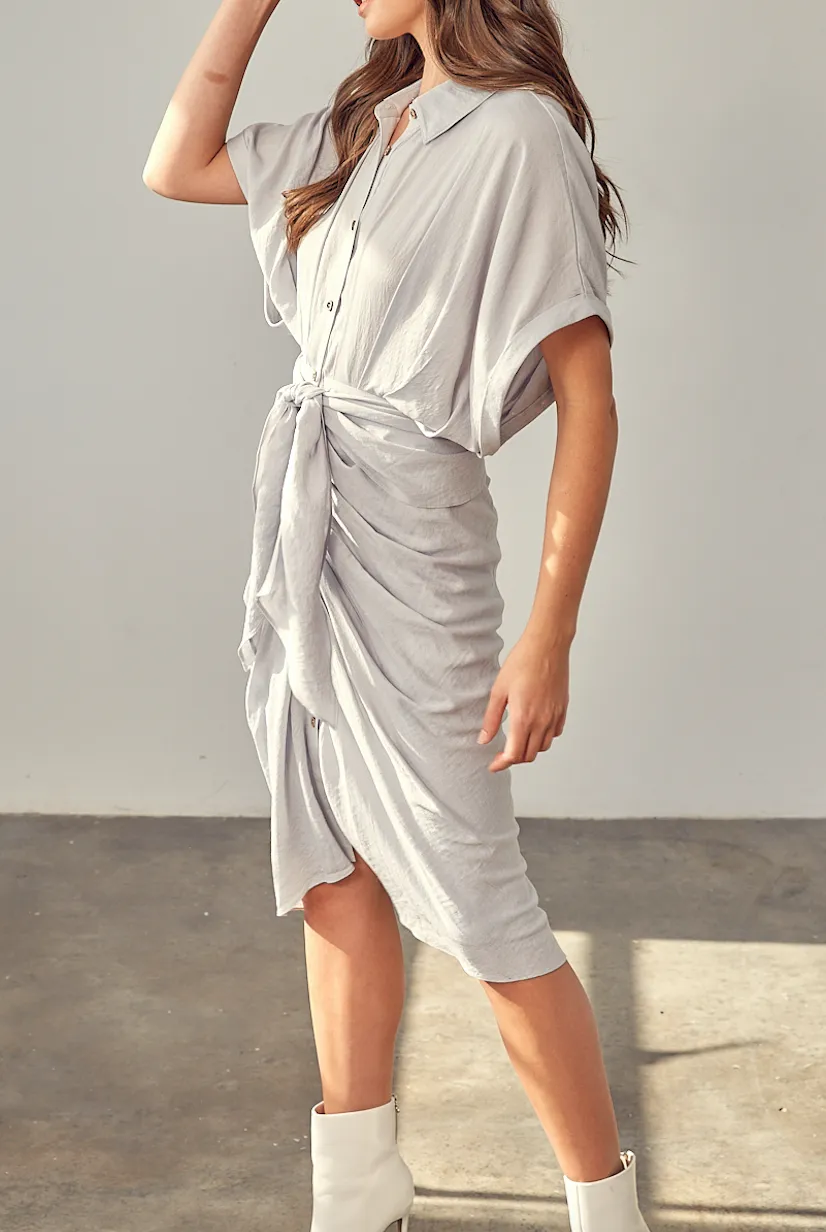 Short Sleeve Ruch Tie Midi Dress