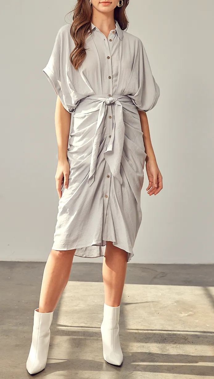 Short Sleeve Ruch Tie Midi Dress