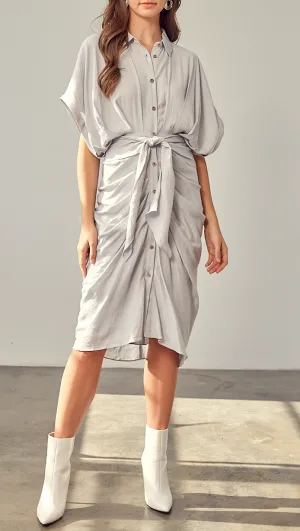 Short Sleeve Ruch Tie Midi Dress