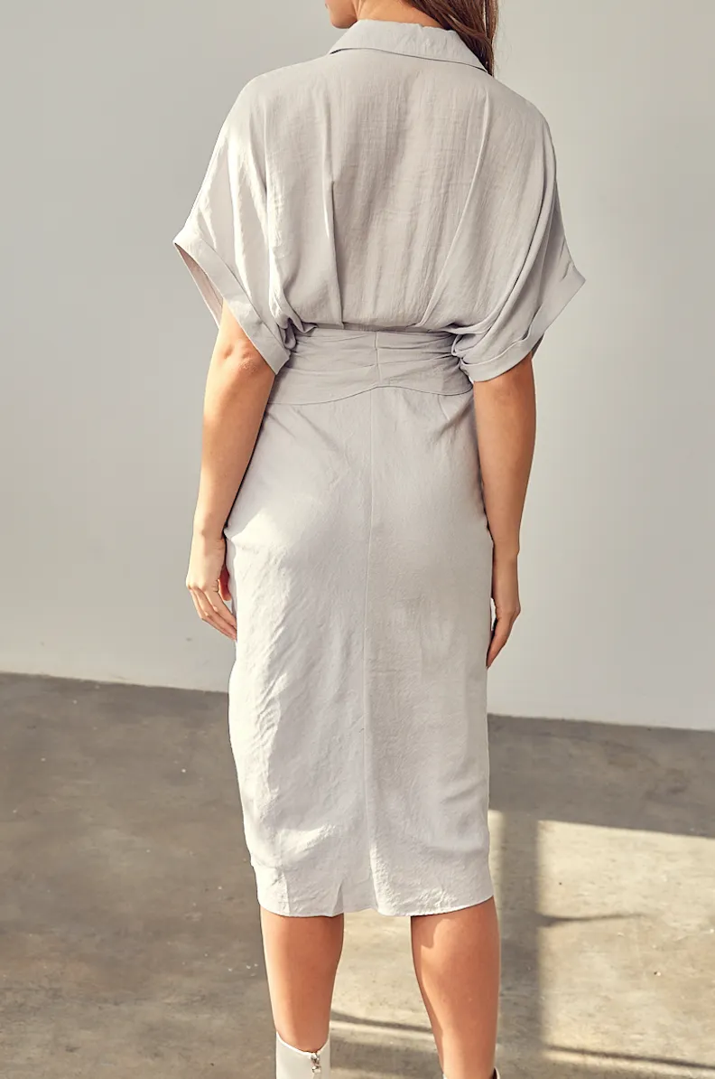 Short Sleeve Ruch Tie Midi Dress