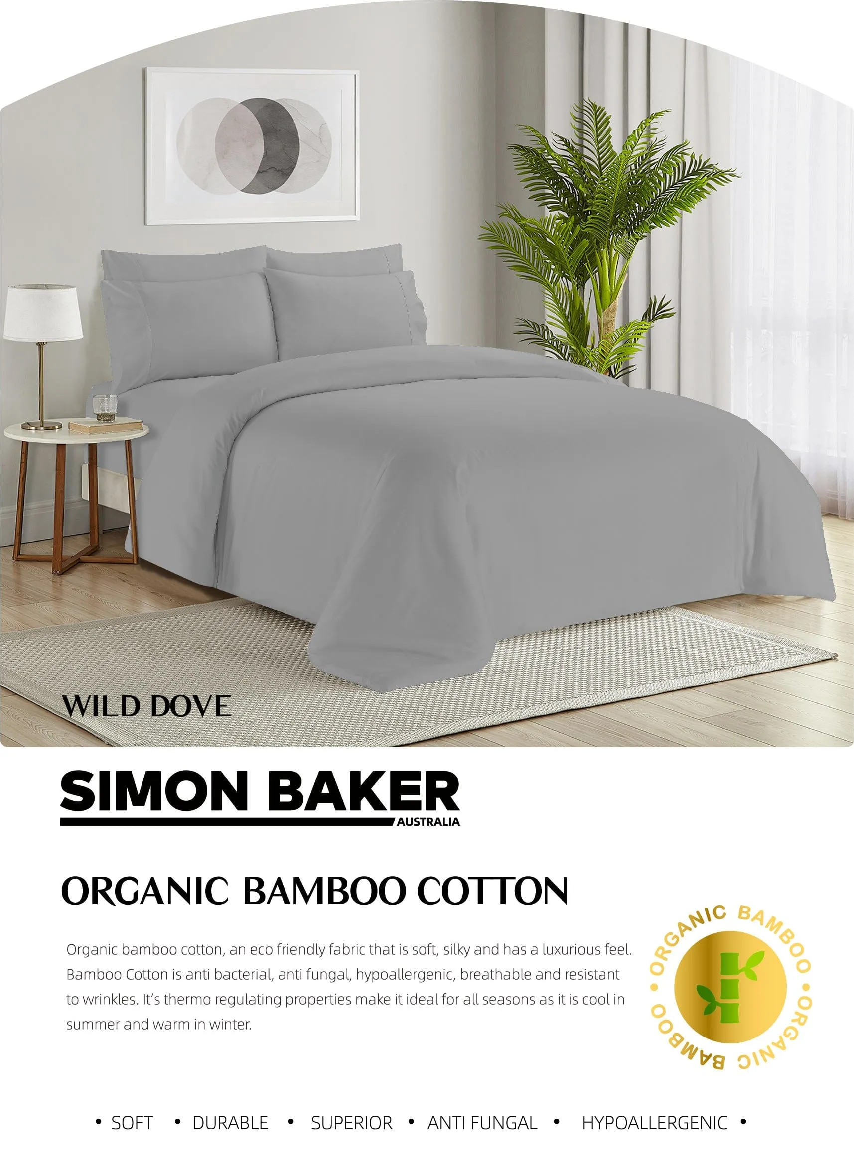 Simon Baker Organic Bamboo Cotton Wild Dove 4 Piece Sheet Set