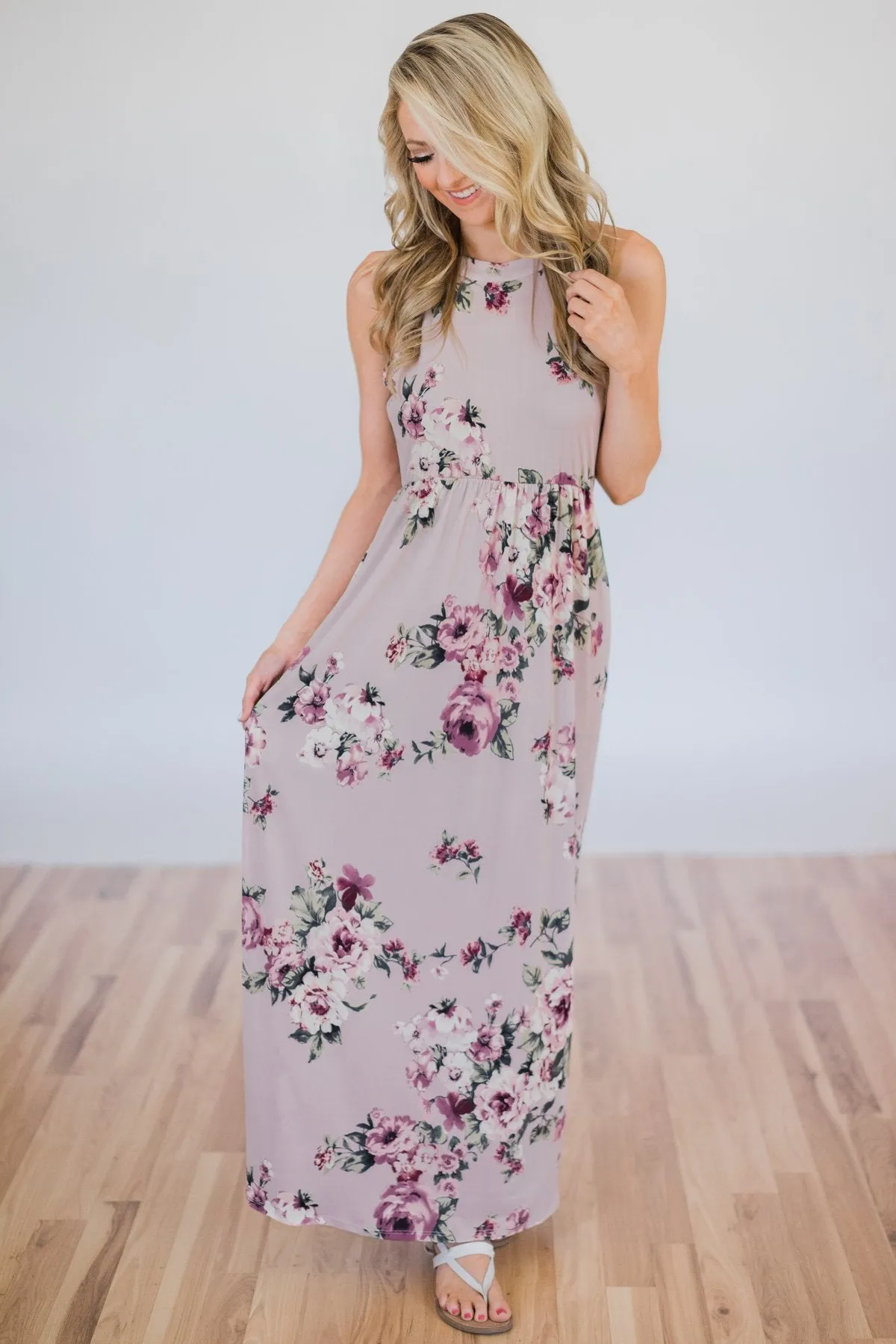 Tonight's the Night Floral Halter Maxi Dress- Light Mauve