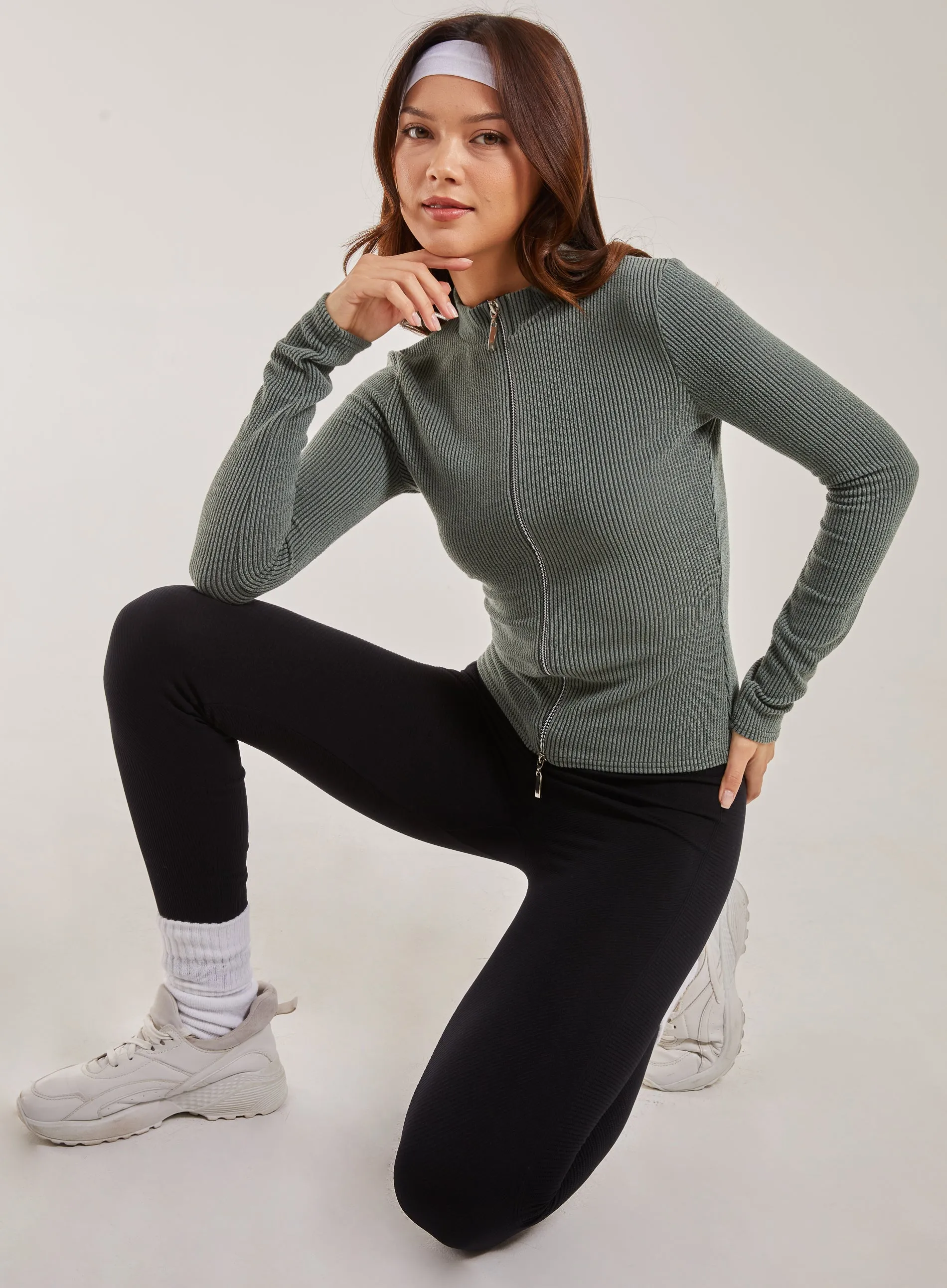 Two Tone Rib Double Zip Top