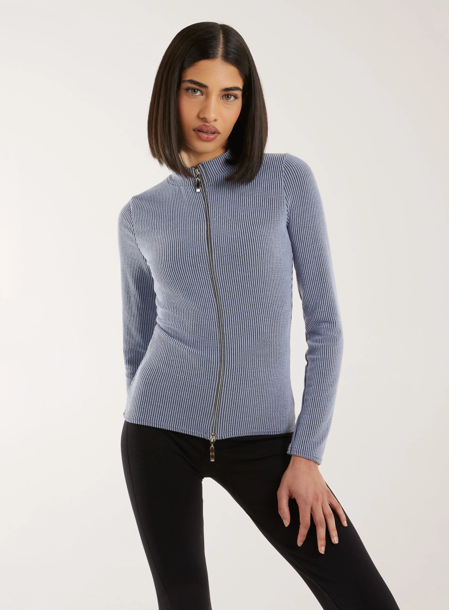 Two Tone Rib Double Zip Top