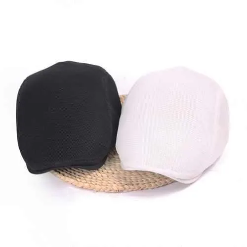 Unisex Women Men Polyester Mesh Hole Newsboy Beret Cap Flat Buckle Cowboy Cabbie Breathable Hat