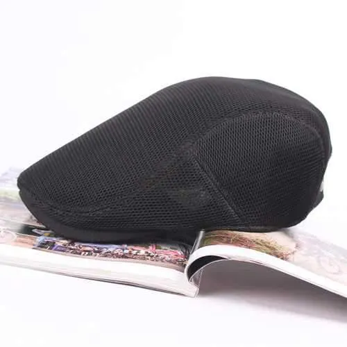Unisex Women Men Polyester Mesh Hole Newsboy Beret Cap Flat Buckle Cowboy Cabbie Breathable Hat