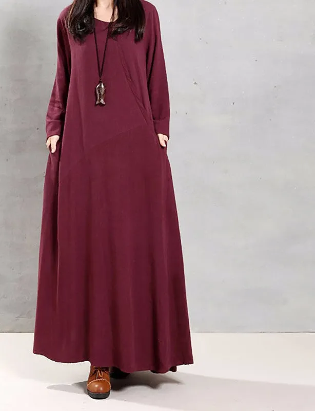 Vestidos Autumn ZANZEA Women Retro Maxi Long Dress O Neck Long Sleeve Pockets Casual Loose Solid Cotton Dress Plus Size