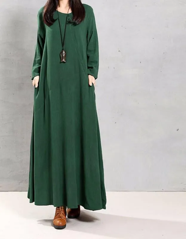 Vestidos Autumn ZANZEA Women Retro Maxi Long Dress O Neck Long Sleeve Pockets Casual Loose Solid Cotton Dress Plus Size