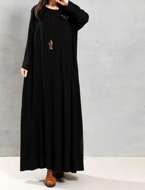 Vestidos Autumn ZANZEA Women Retro Maxi Long Dress O Neck Long Sleeve Pockets Casual Loose Solid Cotton Dress Plus Size