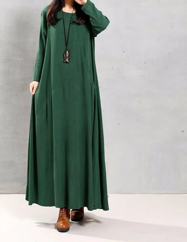 Vestidos Autumn ZANZEA Women Retro Maxi Long Dress O Neck Long Sleeve Pockets Casual Loose Solid Cotton Dress Plus Size